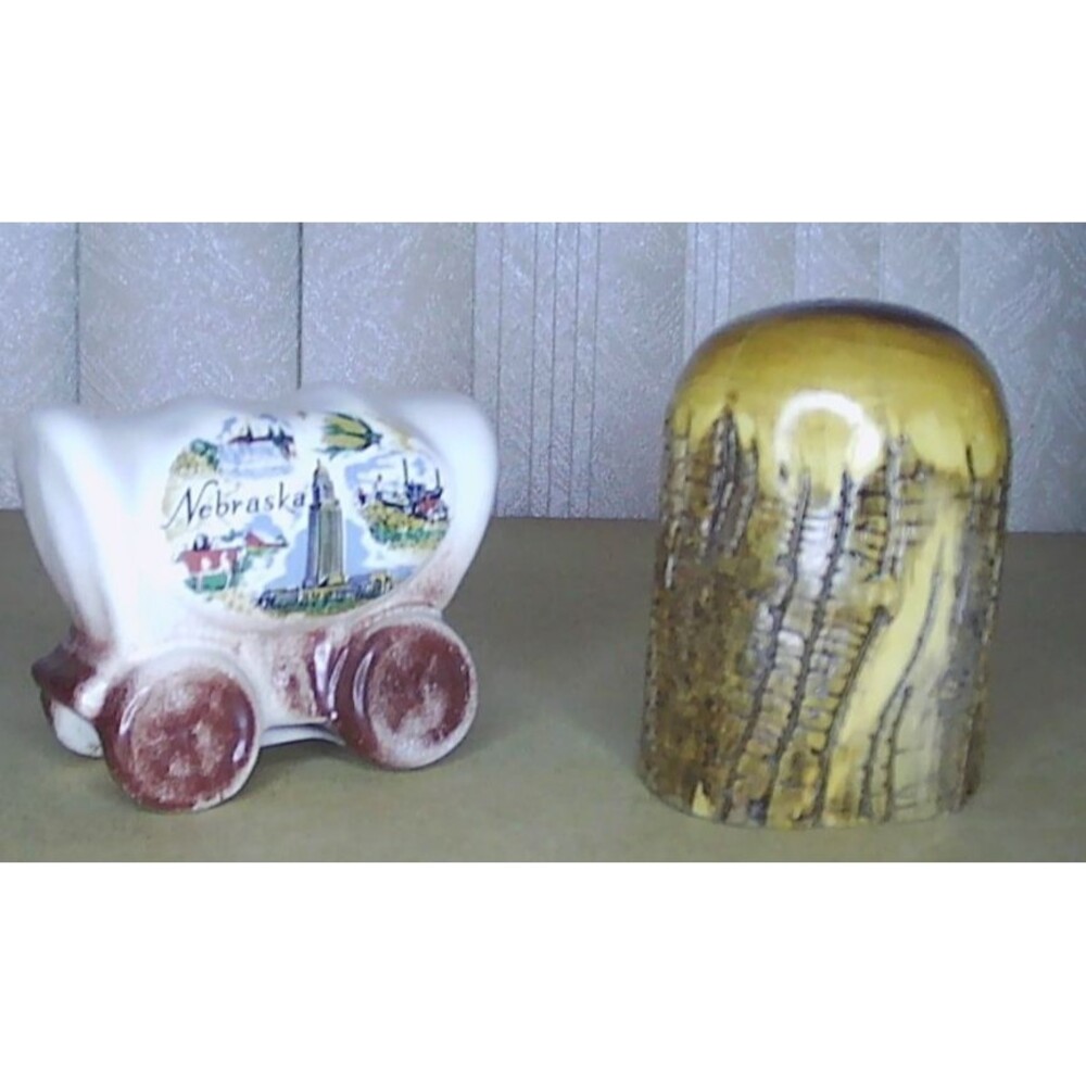 Mixed Salt and Pepper Shakers - Nebraska Covered Wagon and Natural Wood tree